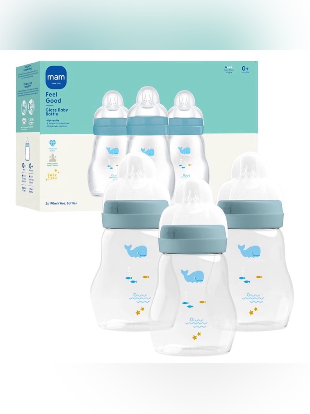 MAM Feel Good Glass Baby Bottles in Light Blue 6 OZ New In Box Pack of 3 #Lux-T
